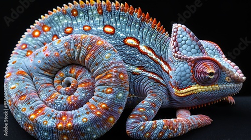 A vibrant chameleon with blue, orange and white scales, curled up on a black background.