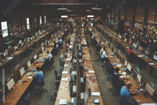 Rows of Desks in a Large Industrial Workspace