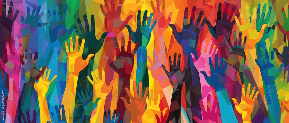 Vibrant display of hands held high by individuals of various backgrounds and ethnicities, embracing inclusivity during LGBTQ Pride Month Vibrant display of hands held high by individuals of various backgrounds and ethnicities, embracing inclusivity during LGBTQ Pride Month