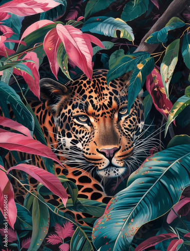 Colorful poster, placard with cheetah in a tropical forest. Ai generated image