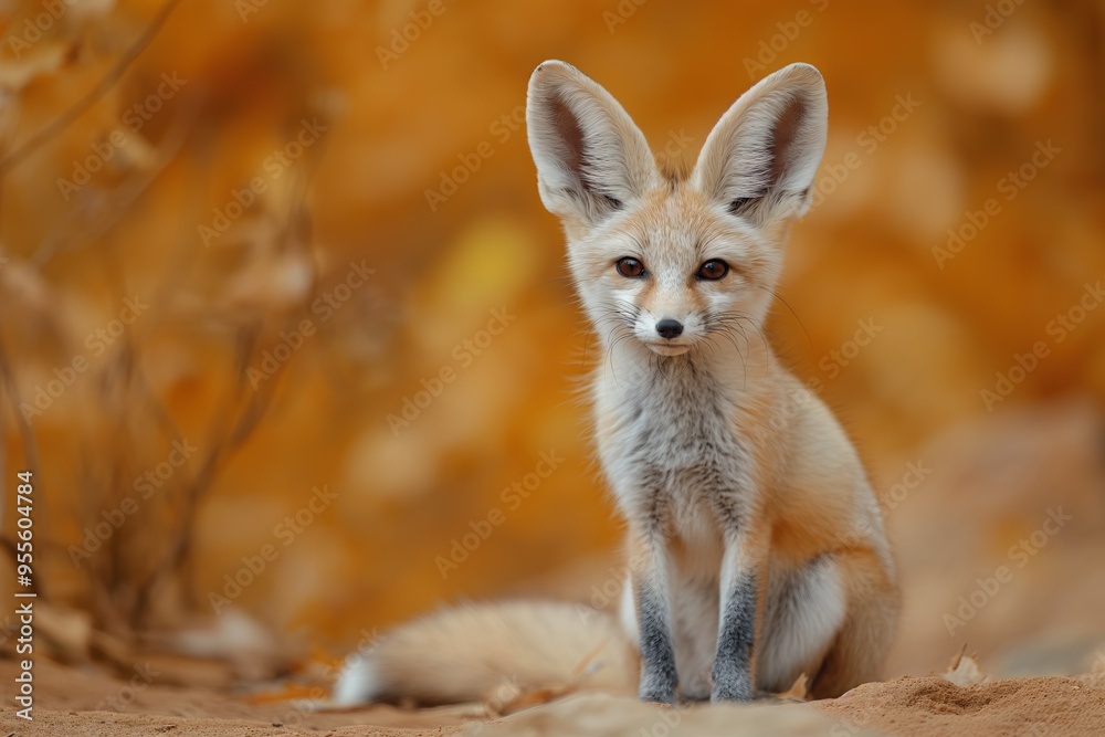 Obraz premium Cute young fennec fox sits on sandy ground surrounded by autumn foliage in a desert environment