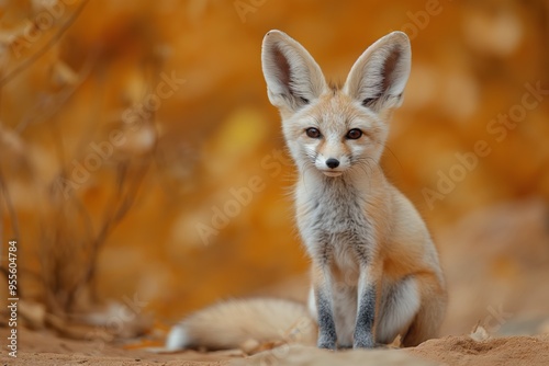 Cute young fennec fox sits on sandy ground surrounded by autumn foliage in a desert environment