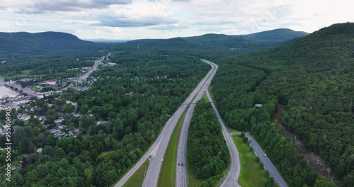 Lake George, NY, USA - August 20 2024, Sunny afternoon summer aerial video of the area surrounding Lake George, NY, USA	