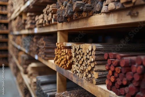 Stacked Wood Logs and Sticks in a Warehouse photo