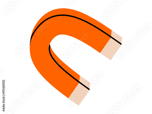 Hand drawn cute cartoon illustration of magnet. Flat vector attraction force symbol in doodle style. Magnetic power icon or print. Tool with two poles. Physics education. Back to school. Isolated.