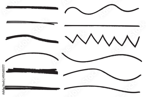 Set of hand drawn marker line vector illustration design element grunge strokes doodle lines underline scribble