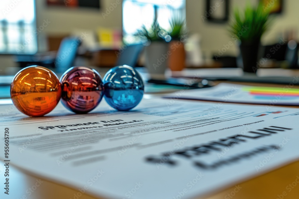 Three Shiny Orbs Resting on a Business Document Three Shiny Orbs Resting on a Business Document