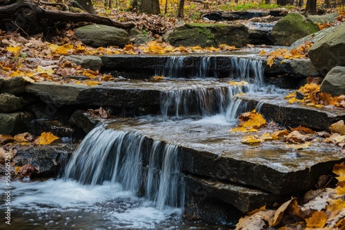 Stony Brook New York. Hiking Trail at State Park with Stunning Waterfall in White Brook photo