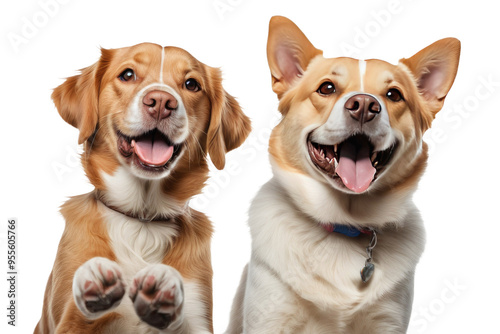 High-resolution stock photo capturing a content dog and dog side by side, exuding joy, seamlessly juxtaposed against a pure white or transparent backdrop, emphasizing their harmonious coexistence