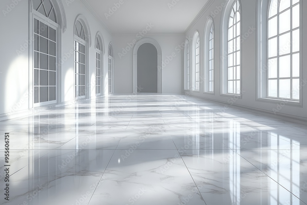White Hallway with Arched Windows and Marble Floor White Hallway with Arched Windows and Marble Floor