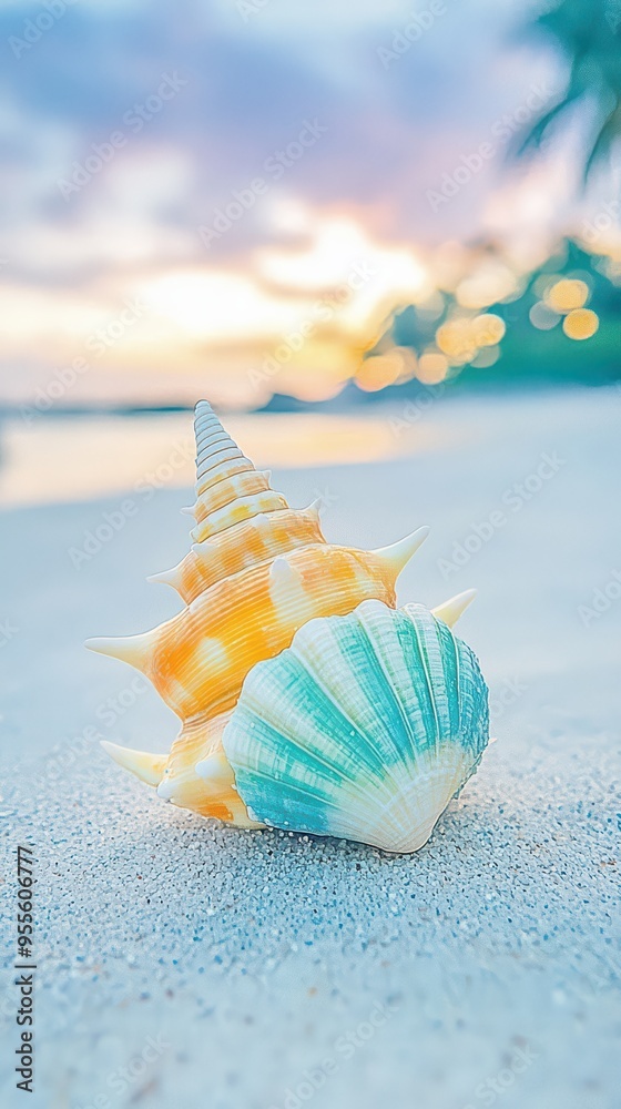 A vibrant seashell resting on a sandy beach, reflecting the soft colors of a sunset, perfect for vacation or nature-themed projects. A vibrant seashell resting on a sandy beach, reflecting the soft colors of a sunset, perfect for vacation or nature-themed projects.