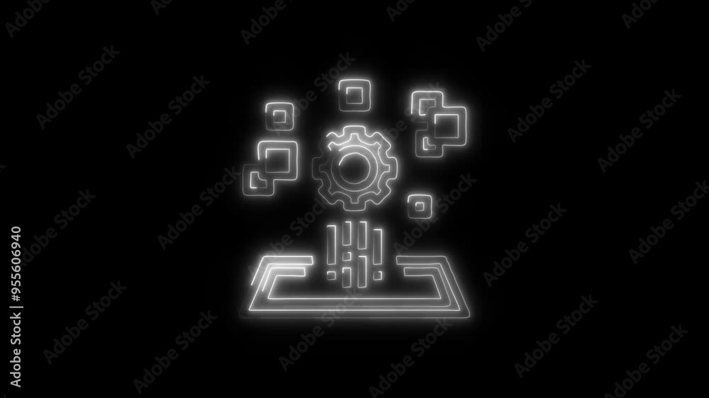 Neon Digital Management Icon - Glowing Gear and Data Symbols on Black Background Representing Advanced Technology, High-Tech System Administration, and Modern Digital Workflow Solutions Neon Digital Management Icon - Glowing Gear and Data Symbols on Black Background Representing Advanced Technology, High-Tech System Administration, and Modern Digital Workflow Solutions