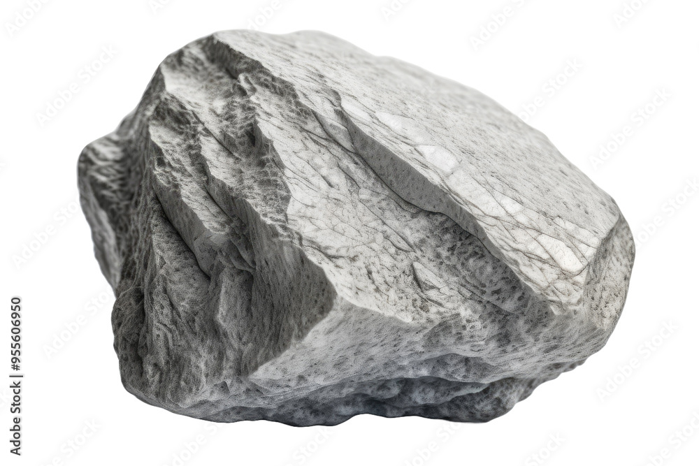 Obraz premium Silver-grey stone, isolated against pristine white backdrop, high resolution stock photo, showcasing fine detail of textured surface, illuminated under soft, even light
