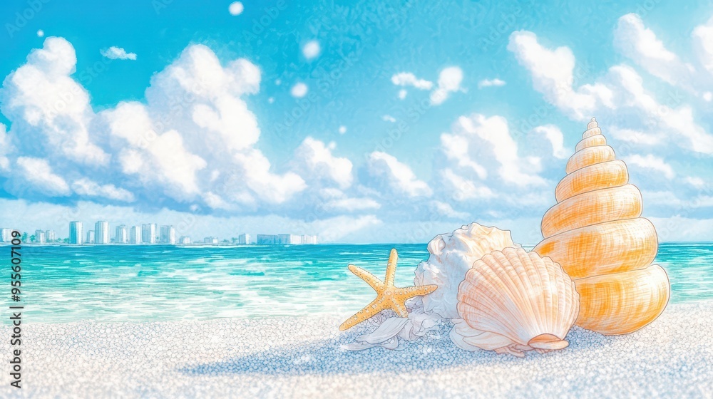 Beautiful coastal scene with shells on sandy beach and vibrant blue ocean under a bright sky with fluffy clouds. Beautiful coastal scene with shells on sandy beach and vibrant blue ocean under a bright sky with fluffy clouds.