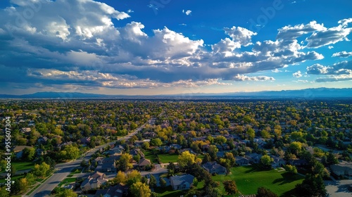 Englewood Colorado Aerial View: Horizon of Suburb with Greenery, Blue Skies, and Mountain Views photo