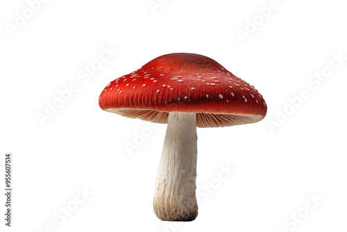 Single red mushroom, cap centered, stalk slightly off-center, isolated on a stark white background, minimalist composition, studio lighting, shadow beneath for depth