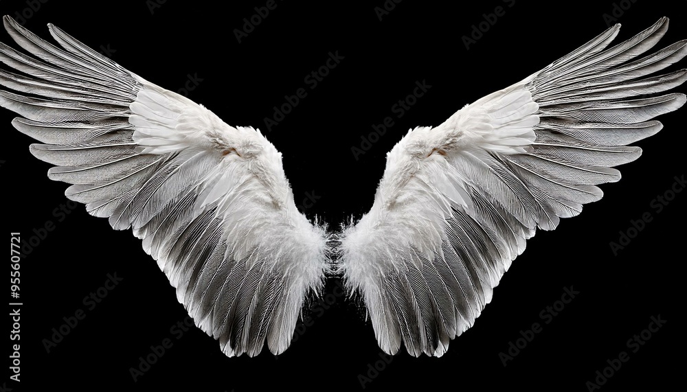 Fototapeta premium Isolated white angel wing black background realistic 