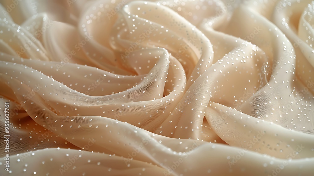 Closeup of smooth, beige fabric with white dots, draped in elegant waves. Closeup of smooth, beige fabric with white dots, draped in elegant waves.