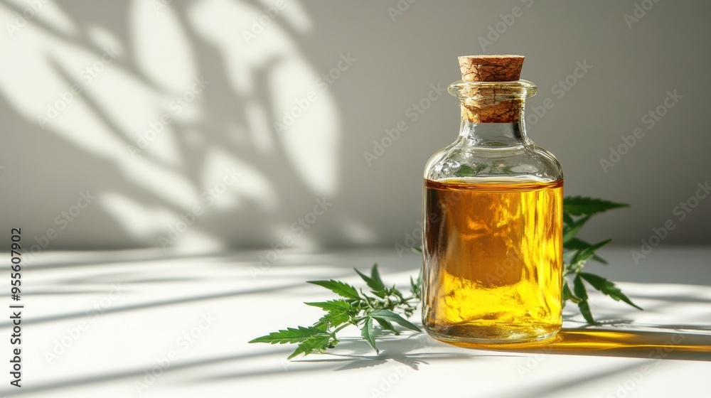 high-quality image of a glass bottle filled with organic hemp oil on a white background, conveying purity and quality, for a banner design concept high-quality image of a glass bottle filled with organic hemp oil on a white background, conveying purity and quality, for a banner design concept