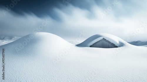 A serene snowy landscape featuring a building partially buried in snow, creating a sense of isolation and beauty, with soft shadows and smooth contours. photo