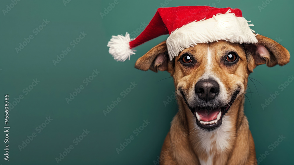Happy dog wearing Santa Claus hat on studio green background. Space for text on the left. Generated AI Happy dog wearing Santa Claus hat on studio green background. Space for text on the left. Generated AI