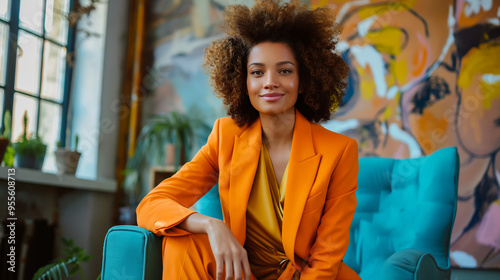 Smiling ethnic businesswoman, female company owner in a vibrant colorful and fashionable suit, sitting confidently in her office. Confident, successful working woman running a business.