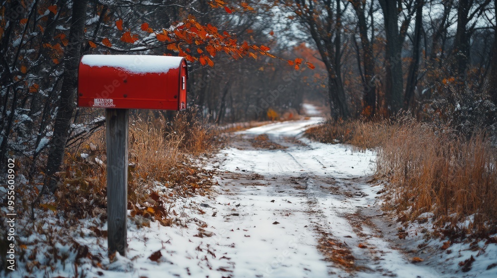 Red mailbox, snowy path, autumn trees, countryside, nostalgic Red mailbox, snowy path, autumn trees, countryside, nostalgic