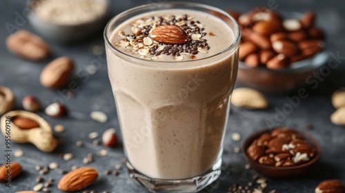 a variety of nuts and seeds sprinkled around a creamy protein smoothie, showcasing a nutritious and wholesome drink concept