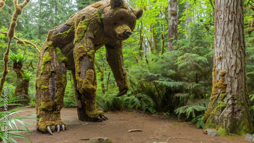 Moss-covered wooden bear sculpture in a lush forest photo