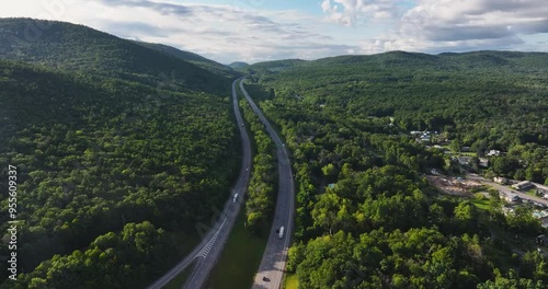 Lake George, NY, USA - August 20 2024, Sunny afternoon summer aerial video of the area surrounding Lake George, NY, USA	