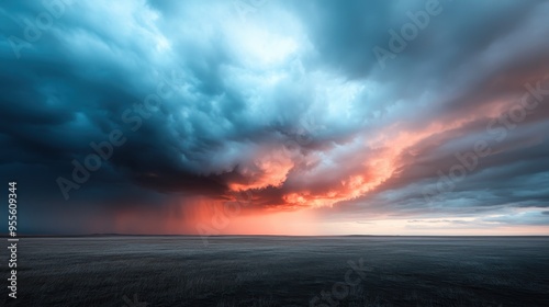 This image features a dramatic sky with dark clouds and a vibrant sunset over a vast, empty field, creating a contrasting and powerful visual impact in the landscape.