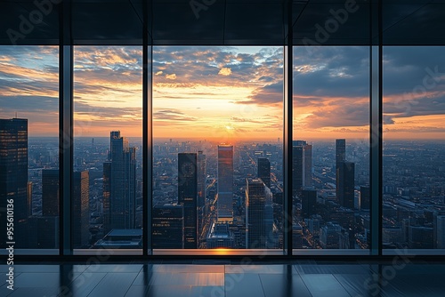 view of a city skyline from a window with sunset