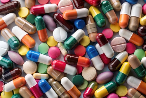 A diverse collection of colorful medication capsules and tablets is displayed together