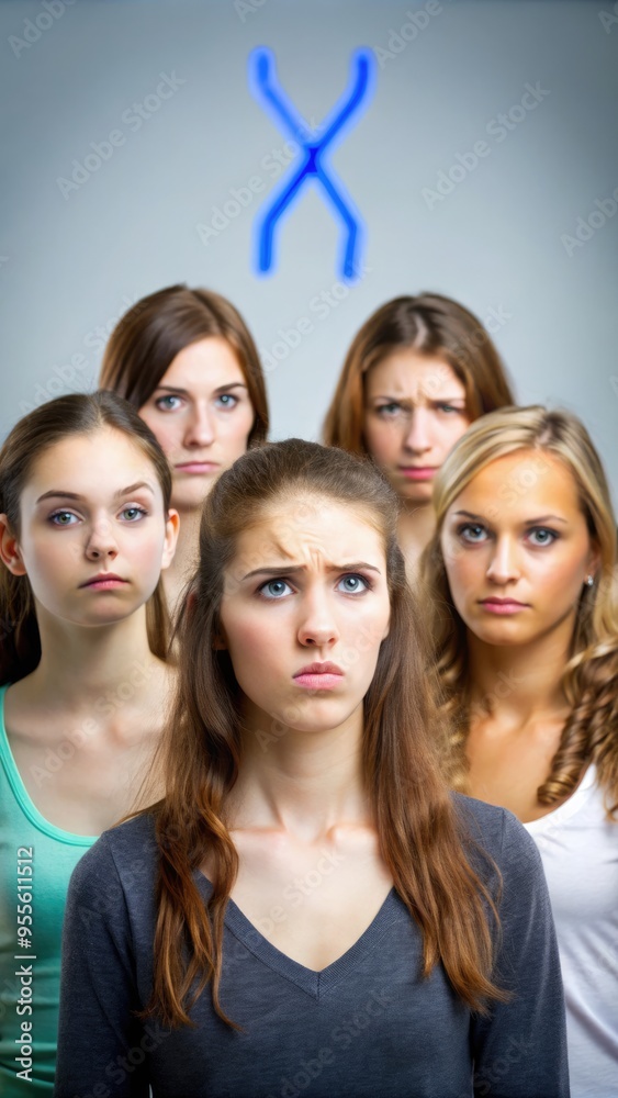 Group of young women looking angrily at a standard scale in a studio setting. Generative AI Group of young women looking angrily at a standard scale in a studio setting. Generative AI