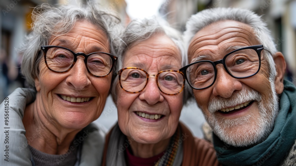 Three elderly friends smile happily, enjoying each other's company on a vibrant street Three elderly friends smile happily, enjoying each other's company on a vibrant street