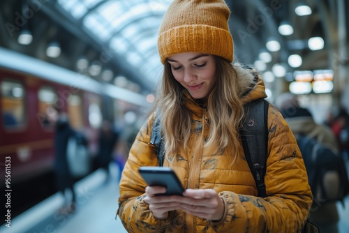 A young woman in a yellow winter jacket and beanie hat checks her smartphone while waiting at a train station.