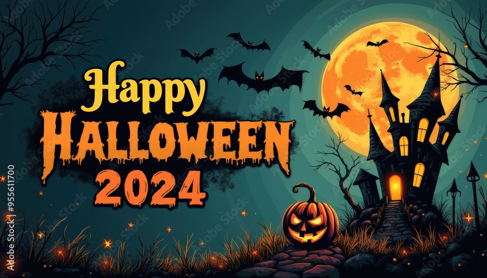 Happy Halloween 2024 with Haunted House and Full Moon Happy Halloween 2024 with Haunted House and Full Moon