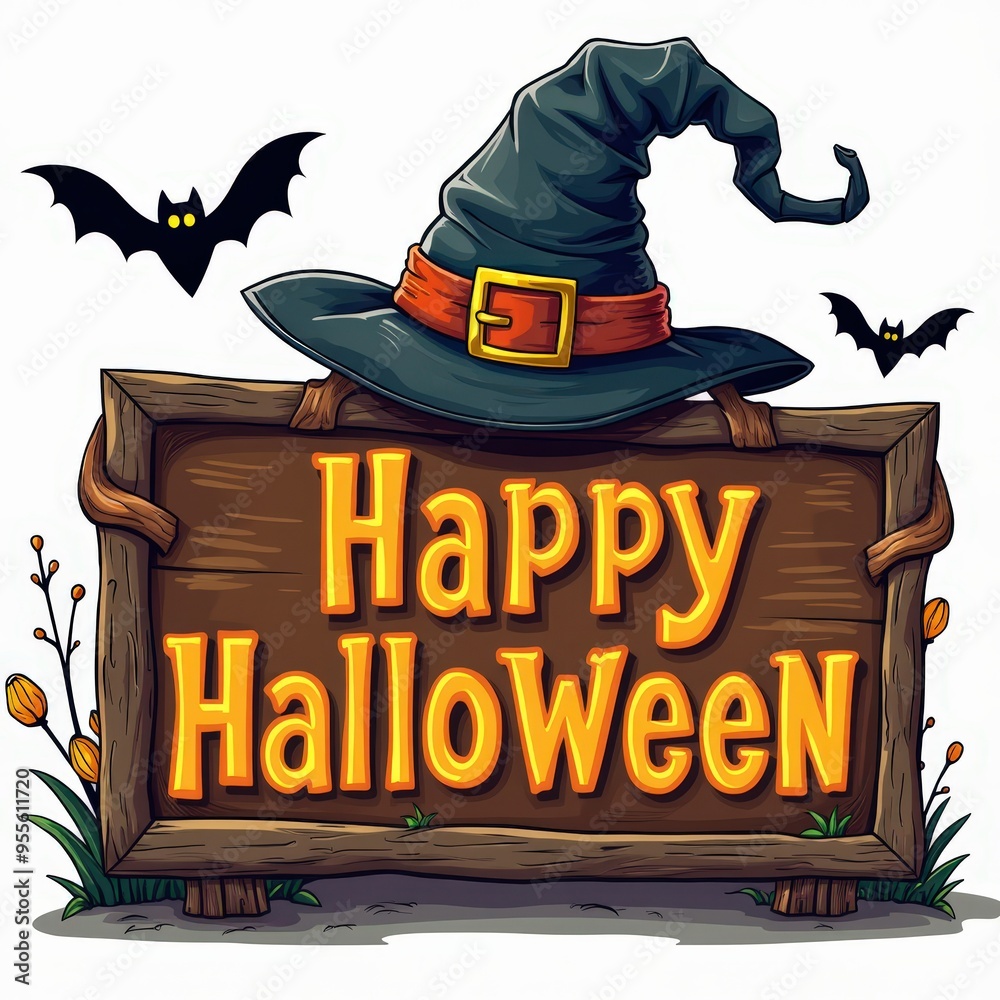 Fototapeta premium Happy Halloween Sign with Witch Hat and Bats