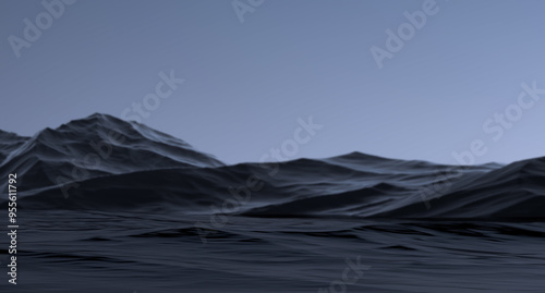 Black mountain island landscape among water,ocean,sea in storm in blur. Stone black and gray in twilight island with mountain and waves of dark water,wallpaper.3D render