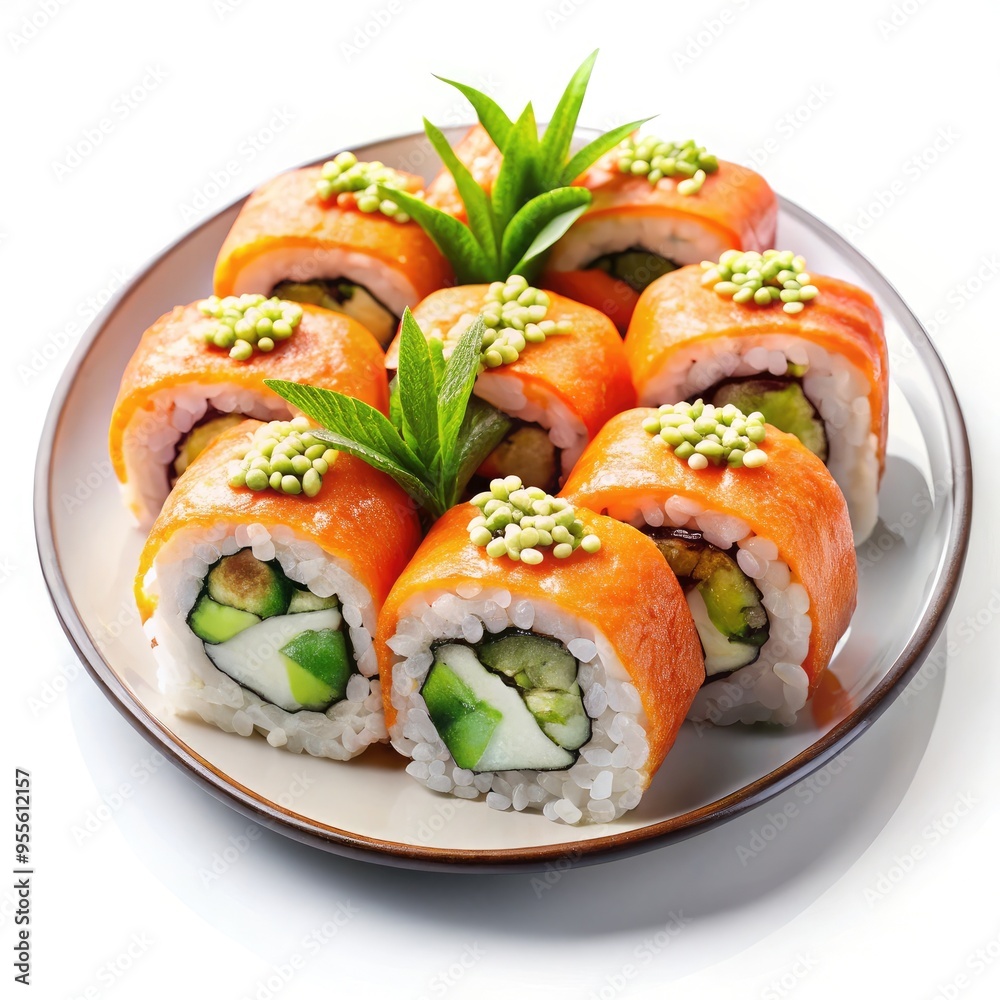 Delicious Japanese sushi rolls arranged on a plate with vibrant toppings. Generative AI Delicious Japanese sushi rolls arranged on a plate with vibrant toppings. Generative AI