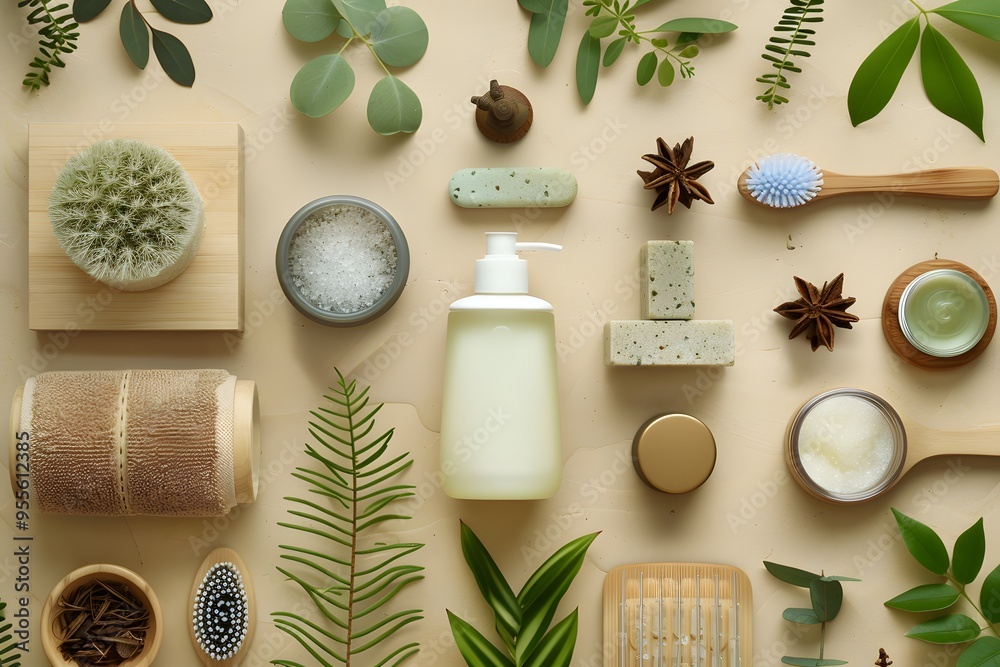 Natural Beauty Essentials: A Flat Lay of Organic Skincare and Botanical Elements Natural Beauty Essentials: A Flat Lay of Organic Skincare and Botanical Elements