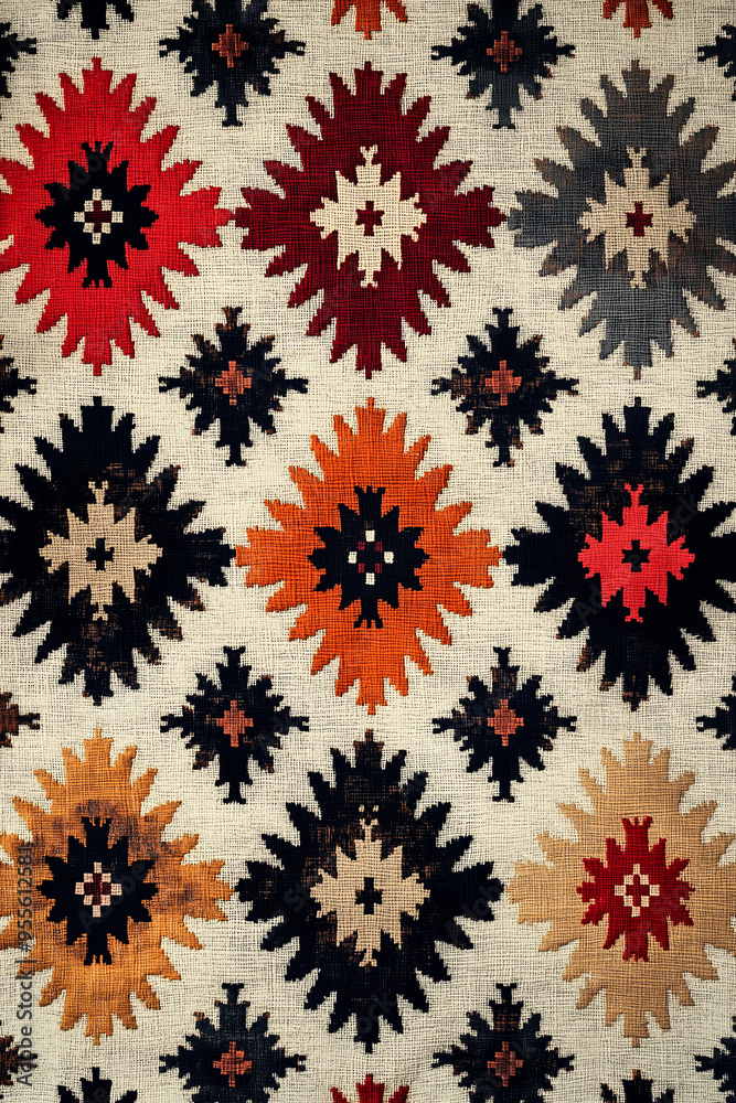 Vibrant Geometric Rug Pattern: A close-up of a colorful, intricate rug pattern featuring repeating geometric shapes and vibrant hues. The design evokes a sense of tradition and cultural heritage, with Vibrant Geometric Rug Pattern: A close-up of a colorful, intricate rug pattern featuring repeating geometric shapes and vibrant hues. The design evokes a sense of tradition and cultural heritage, with
