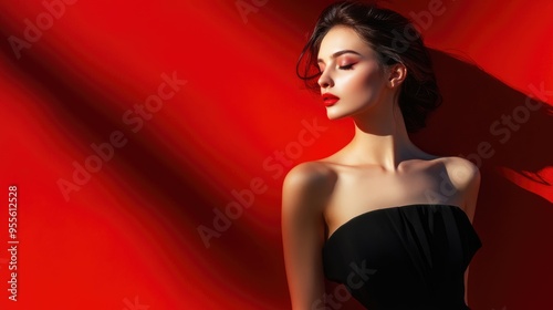 Black And Red Background. Attractive Young Woman in Elegant Black Dress at the Beach