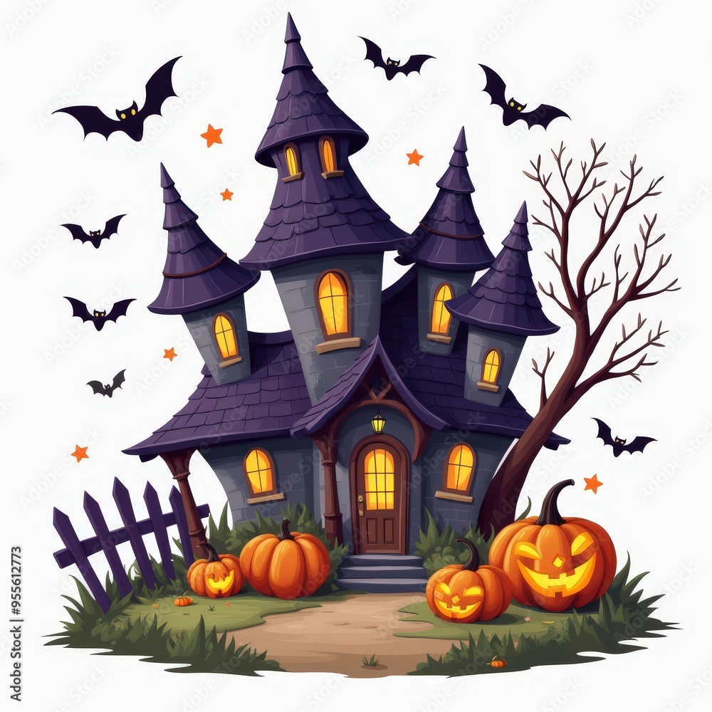 Fototapeta premium Spooky Halloween Haunted House with Bats and Pumpkins