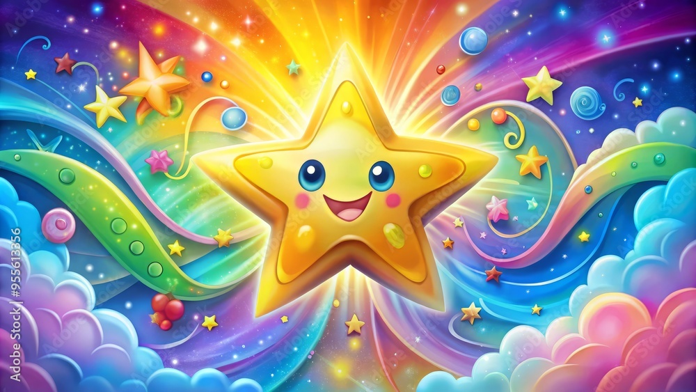 Fototapeta premium A bright, smiling cartoon star with sparkles and a fun, colorful background, surrounded by whimsical clouds and swirls,