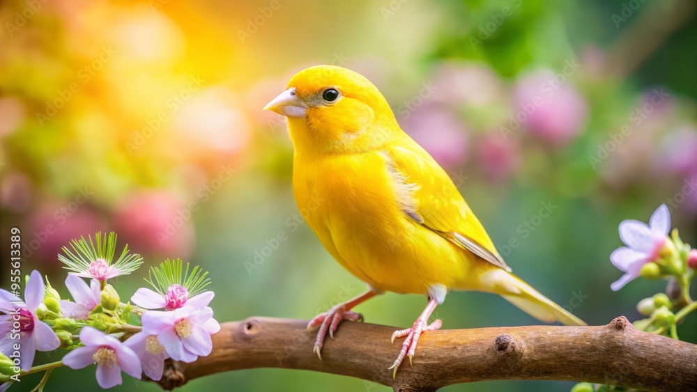 A bright yellow canary bird with large round eyes and petite feathers perches on a wooden branch, surrounded A bright yellow canary bird with large round eyes and petite feathers perches on a wooden branch, surrounded