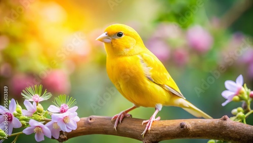 A bright yellow canary bird with large round eyes and petite feathers perches on a wooden branch, surrounded