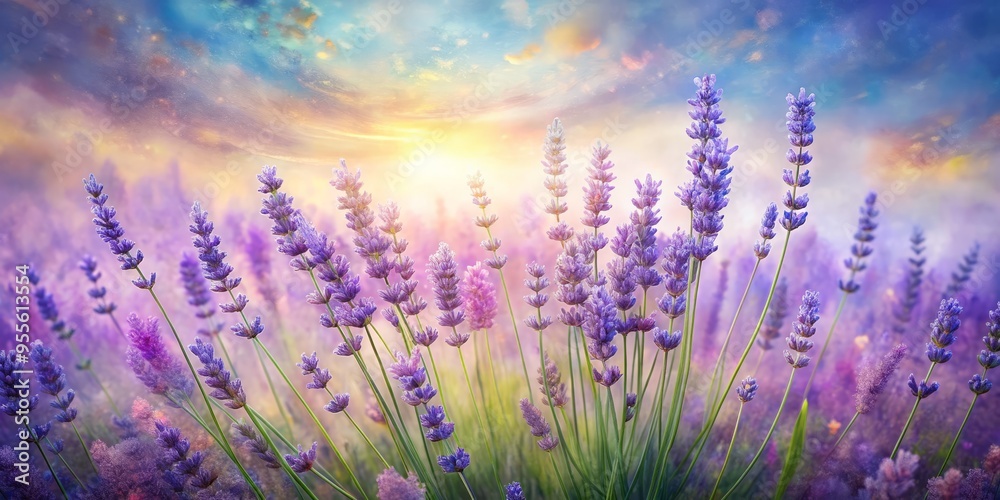 Naklejka premium Abstract Pastel Watercolor Painting Of A Field Of Blooming Lavender Flowers Swaying Gently In The Breeze