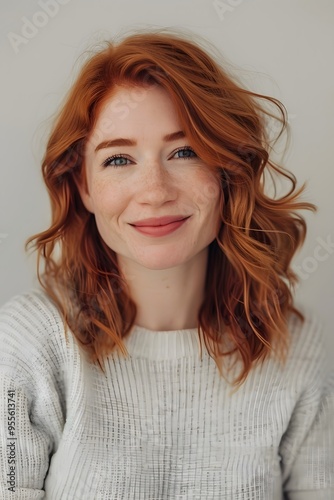 Adult female with ginger hair smiling into a camera. Isolated background with copy space.