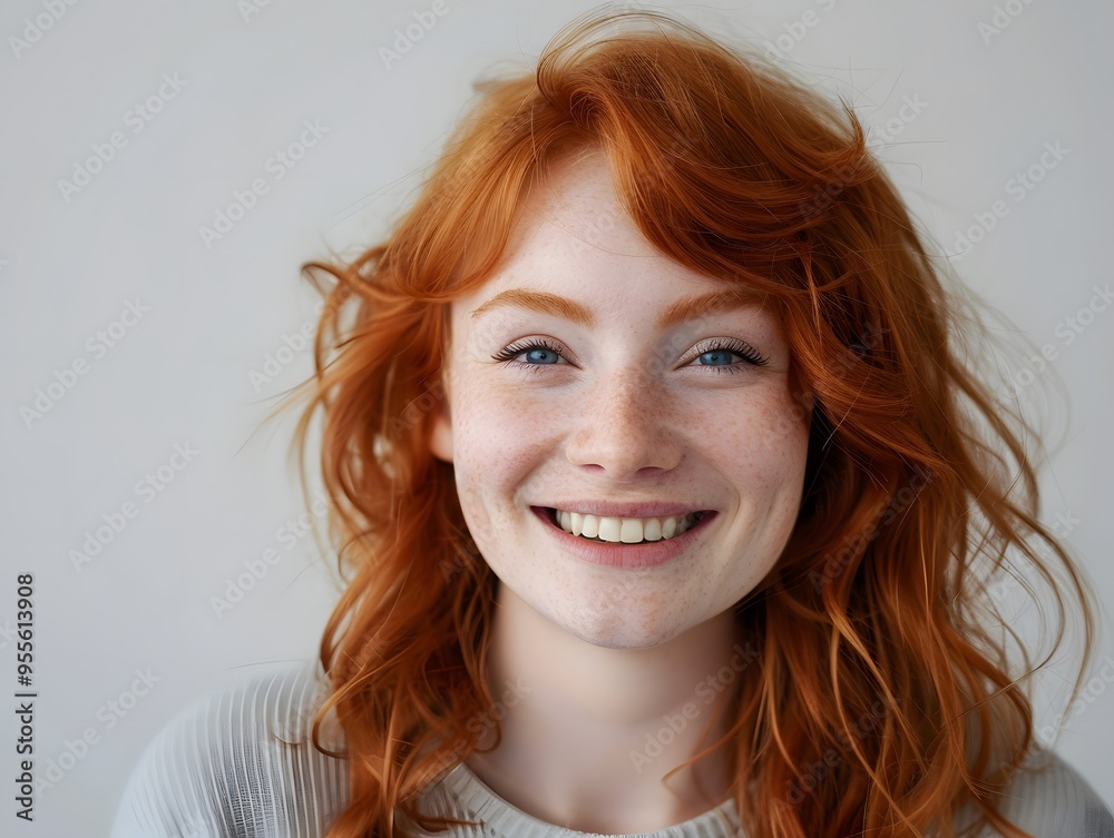 Fototapeta premium Adult female with ginger hair smiling into a camera. Isolated background with copy space.